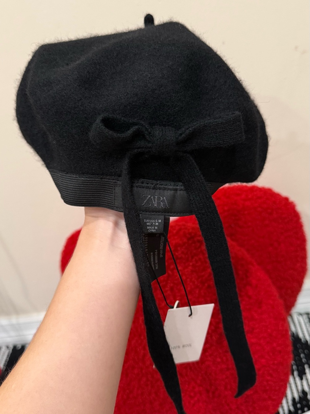 ZARA Black 100% Wool Beret with Bow Size S/M NWT